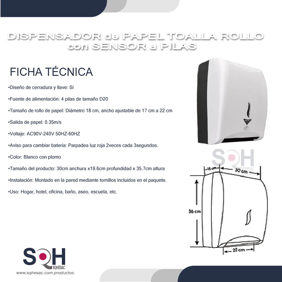 Dispensador de papel toalla en rollo con sensor automático a pilas (ADB6299) - Imagen 3