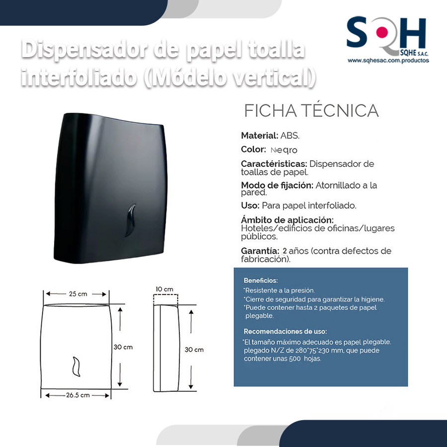 Dispensador papel toalla interfoliada ABS alta densidad negro mate modelo vertical - Imagen 6