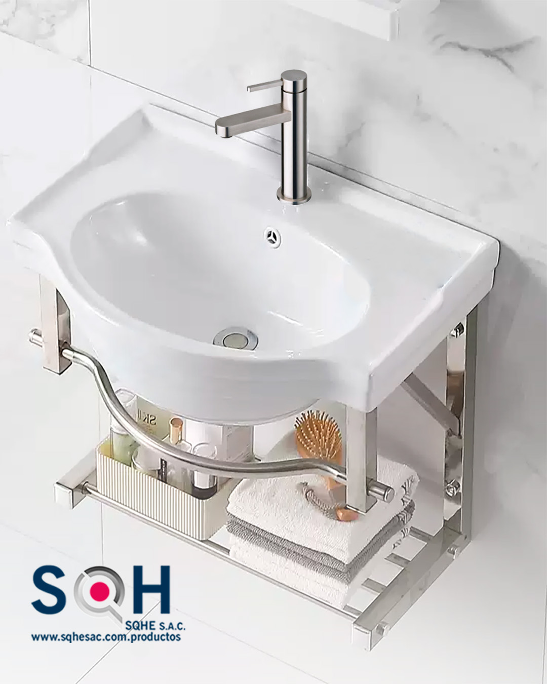 Lavatorio de loza con soporte multiuso en acero inoxidable ADH001A50 - Imagen 2