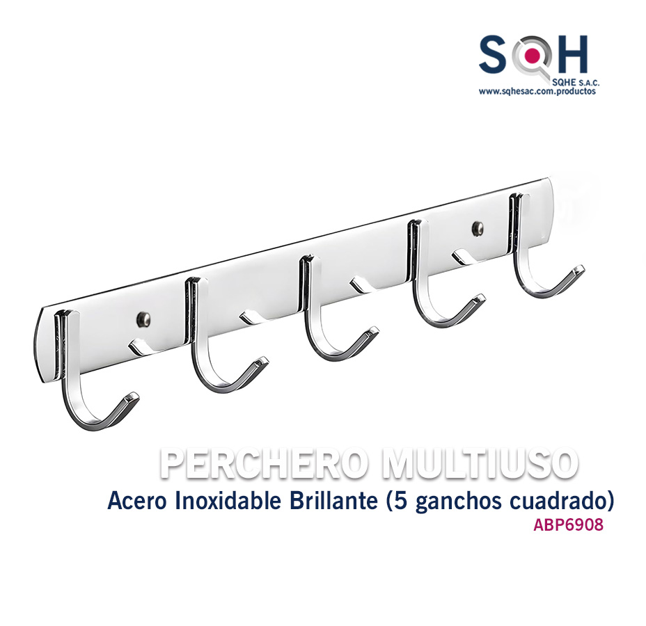 Perchero multiuso cinco ganchos cuadrado ovalado acero inoxidable brillante ABP6908 - Imagen 2